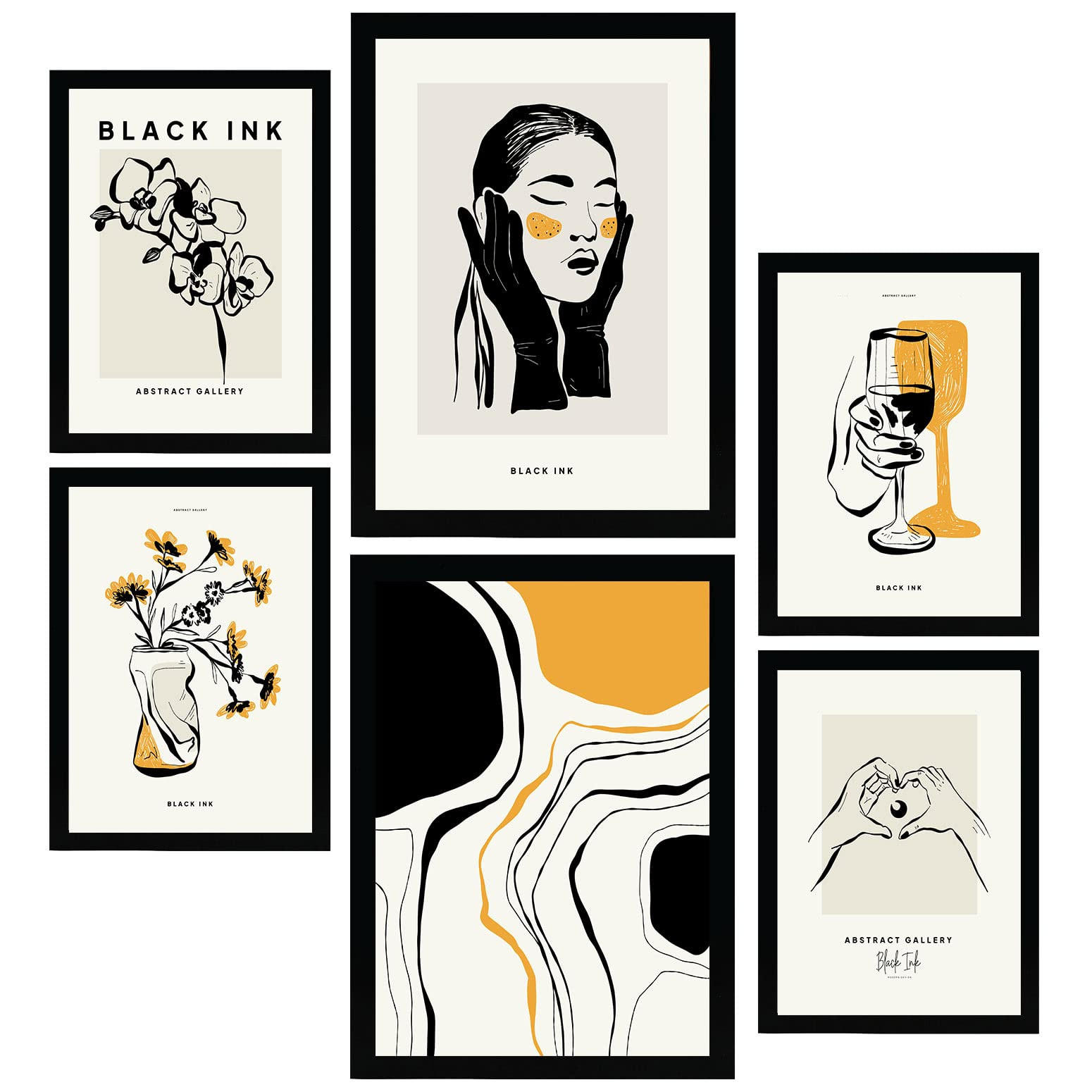 POSTER Set Mit 6 In Schwarzer Tinte Anspruchsvoll Künstlerische Und Abstrakte Drucke Für Innenarchitektur A3 & A4 Schwarzer Rahmen - Schwarz, Papier (29/3cm) - Nacnic