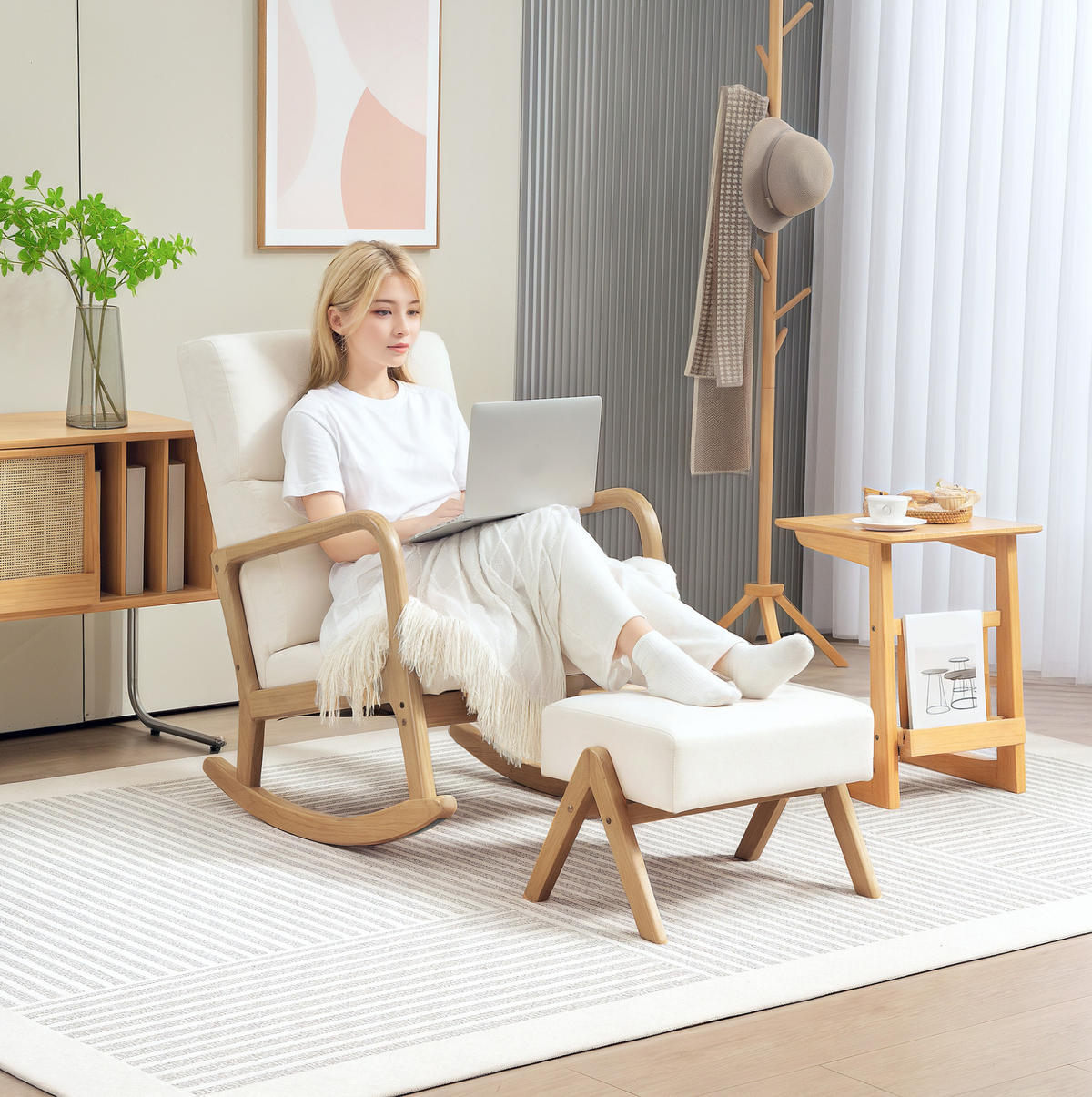 SCHAUKELSTUHL 65/96/94,5 cm mit Hocker und Polsterung – bis 150 kg belastbar - Creme, Textil (65/94.5/96cm) - BEAOK