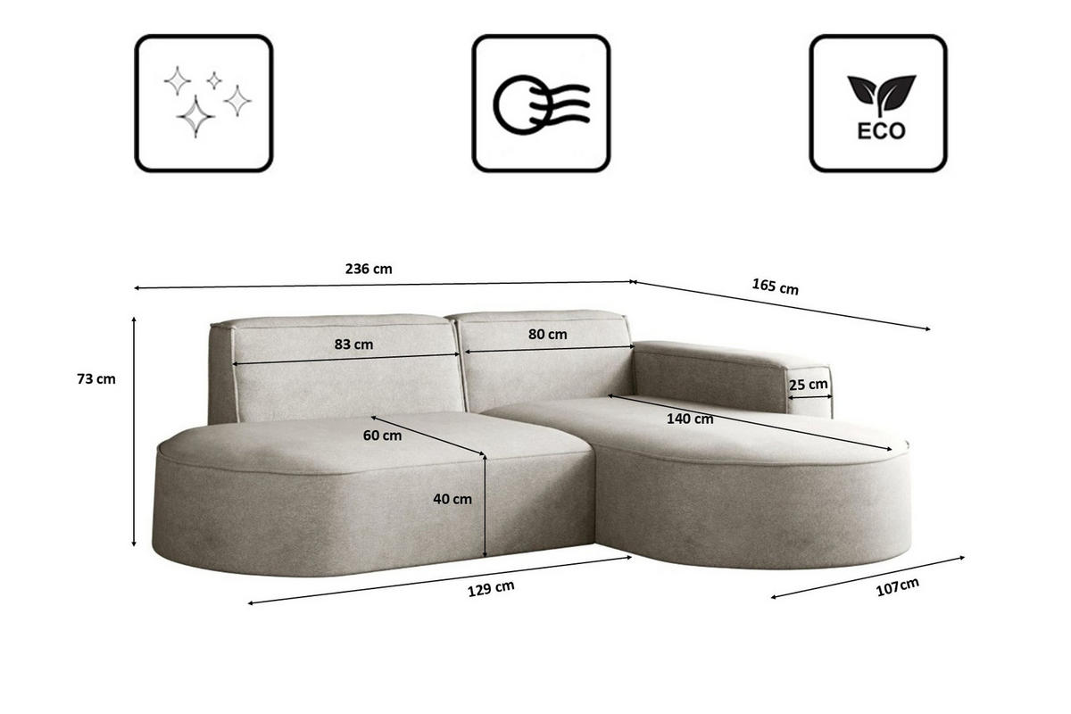ECKSOFA Modena Modern Und Komfort Velours Stoff Salvador Rechts Hellgrau - Hellgrau, Holz/Textil (236/165cm) - Kaiser Möbel