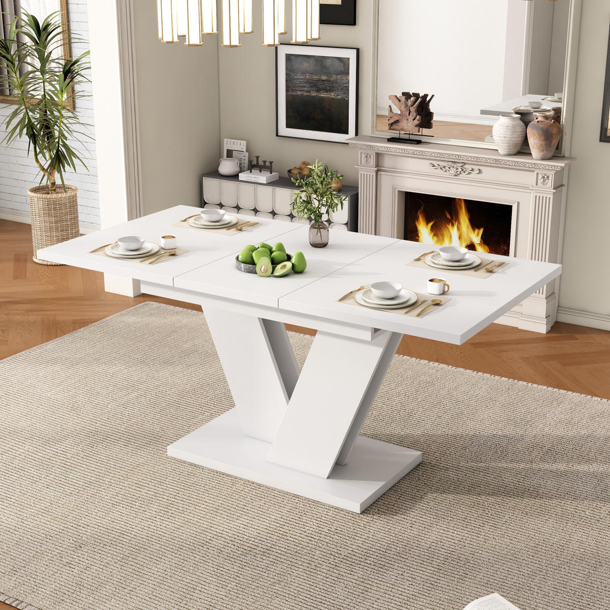 ESSTISCH aus MDF 160x80x75 cm Weiß ausziehbar mit V-förmigen Metallbeinen - Weiß, Holzwerkstoff (160/80/75cm) - Modfu