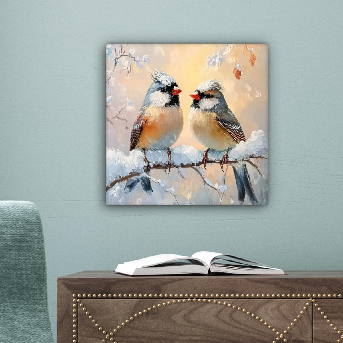 LEINWANDBILD Vögel - Zweig - Winter - Schnee 20x20 cm - Pastellblau, Textil (20/20cm) - MuchoWow