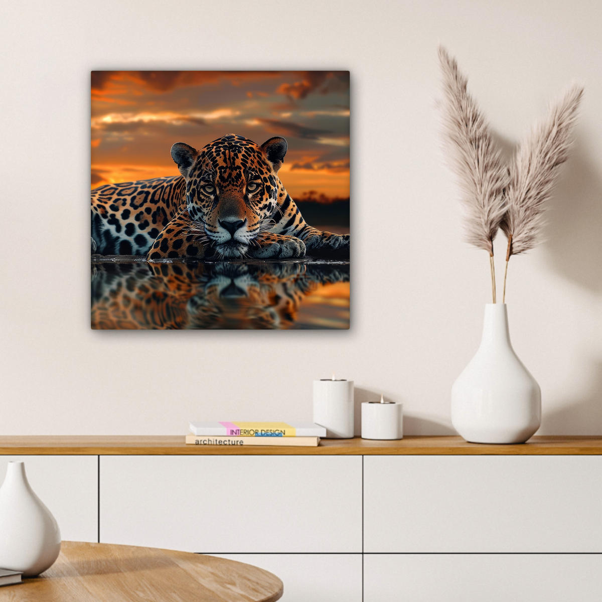 LEINWANDBILD Natur - Leopard - Tier - Sonnenuntergang - Modern 50x50 cm - Orange, Textil (50/50cm) - MuchoWow