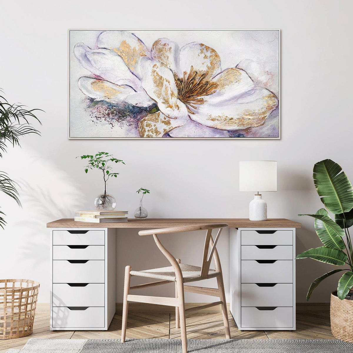 GEMÄLDE Goldene Pfingstrose Schattenfugenrahmen Weiß 200x100 cm - Weiß, Holz (200/100cm) - YS-art gallery