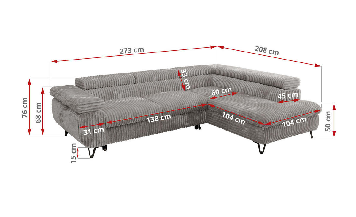 ECKSOFA PABLO L Hellgrau Cord - Rechts Seite mit T25 Topper - Hellgrau/Schwarz, Textil/Metall (273/208cm) - MKS
