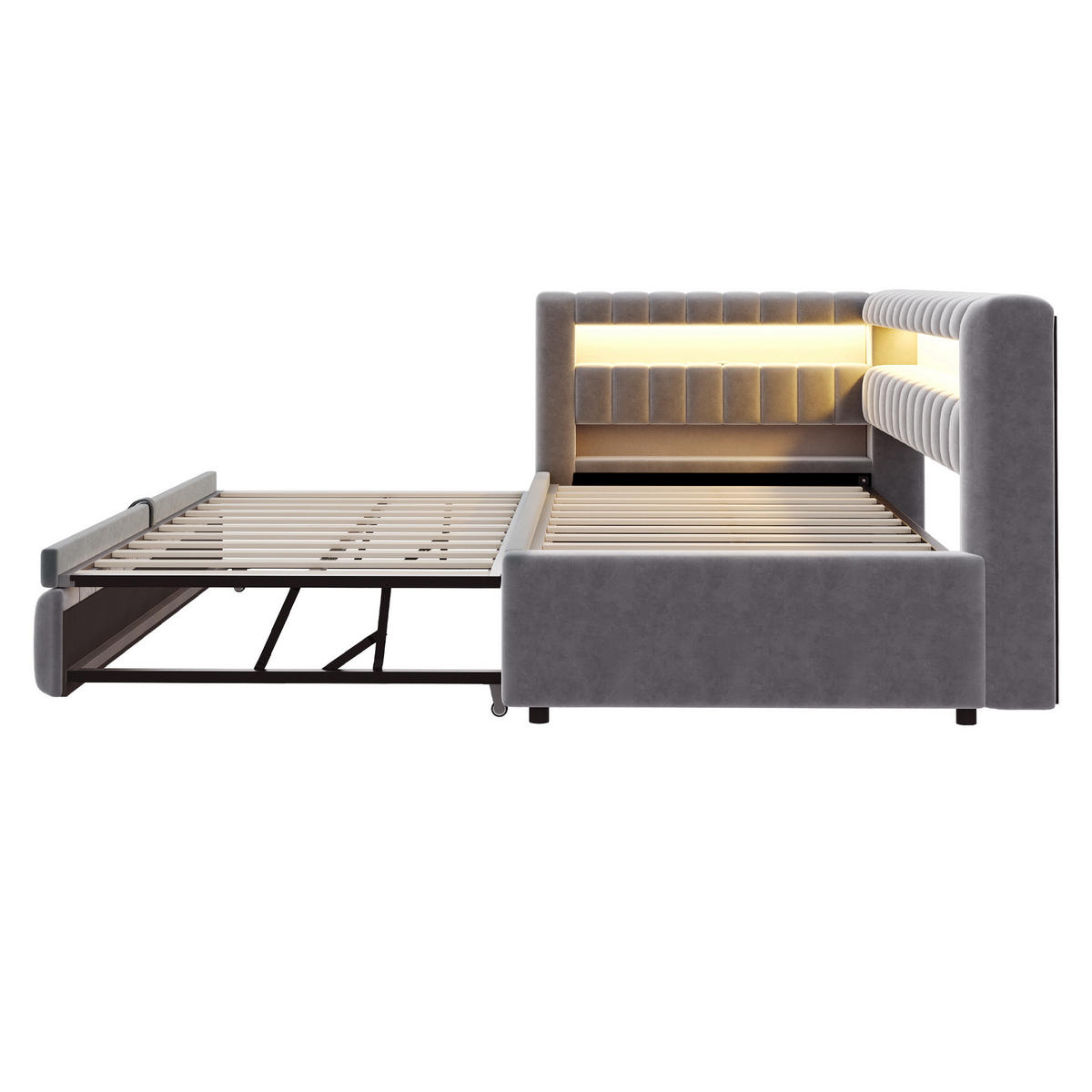 SCHLAFSOFA 90/200 cm & 90/190 cm in Dunkelgrau Samt mit Ausziehbett, LED und USB - Grau, Holzwerkstoff/Textil (90/200cm) - WISHDOR