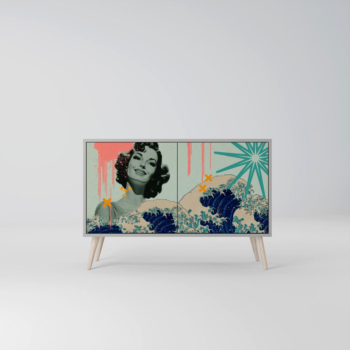 SIDEBOARD KANAGAWA BEAUTY, Graue Oberfläche, 111x42x57,5 cm, 2 Türen - Grau, Holzwerkstoff (111/57.5/42cm) - SpaceRebels