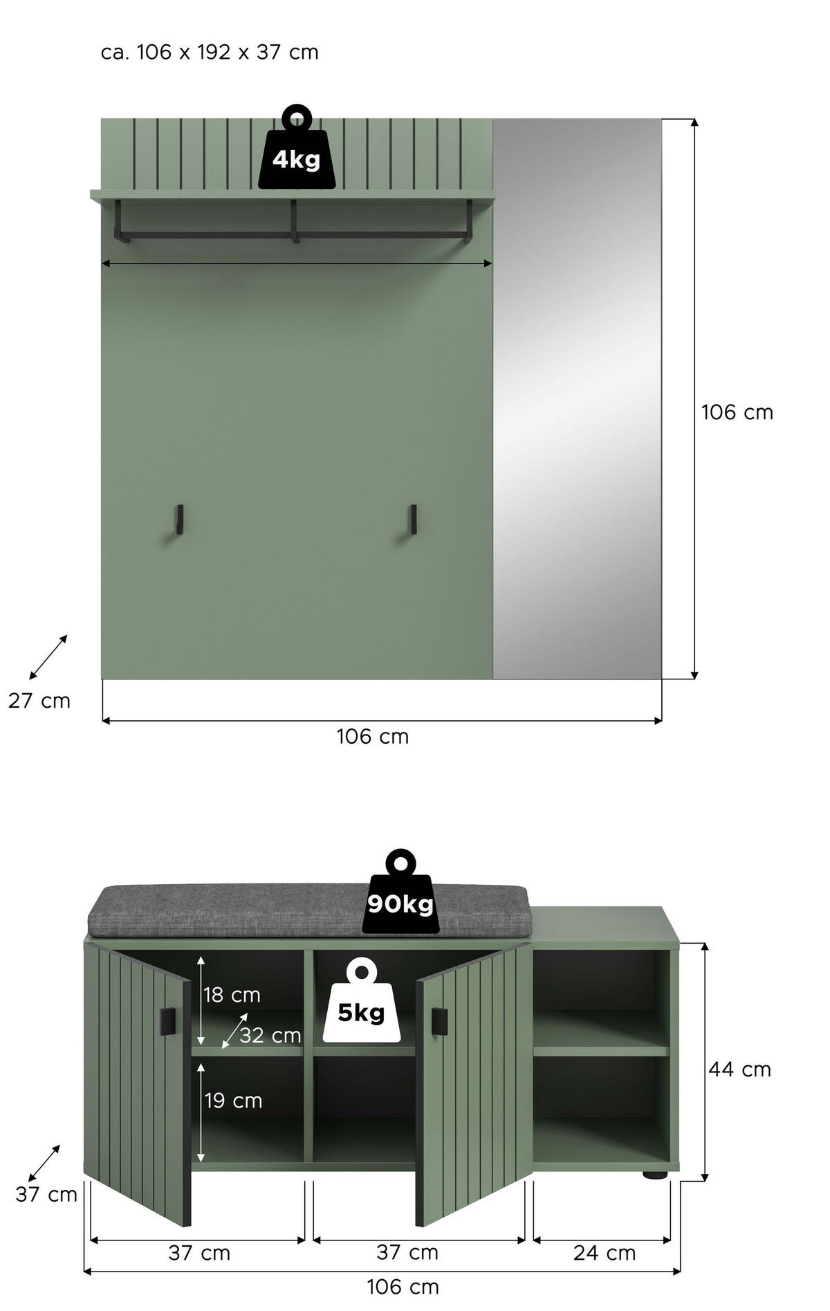 GARDEROBEN-SET inkl. Sitzkissen STATION 2-tlg. (B/H/T: ca. 106/192/37 cm) in Smoke Green/Smoke Green - Dunkelgrün, Holzwerkstoff (106/192/37cm)