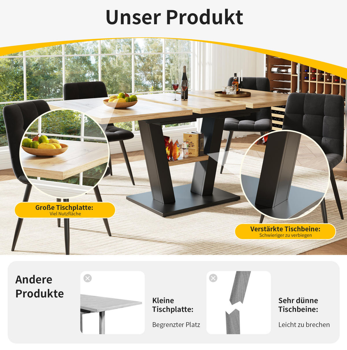 ESSTISCH aus MDF und Metall 118-157x70x75 cm Schwarz/Natur ausziehbar mit Nivellierfüßen - Naturfarben, Holzwerkstoff (157/70/75cm) - Modfu
