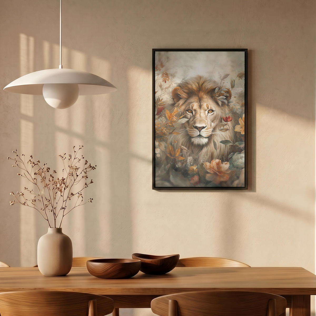 LEINWAND Bilder mit Rahmen - Löwe - Wildtiere - Pflanzen - Natur - Blumen - 40x60 - Beige, Textil (40/60cm) - MuchoWow