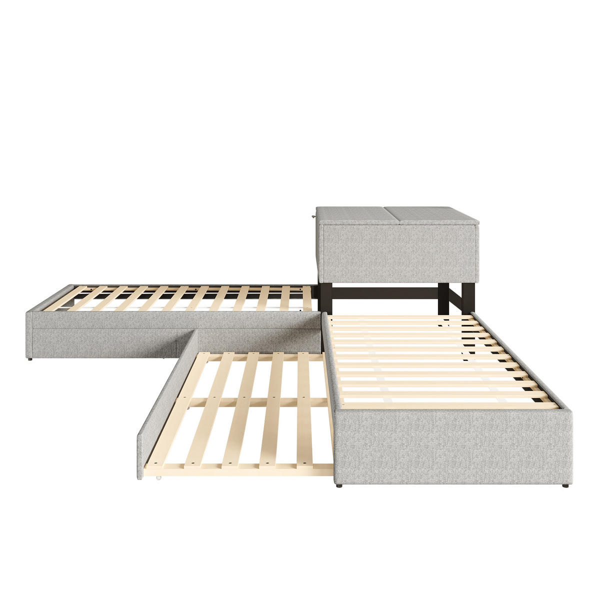 ECKEINZELBETT 90x200cm Grau Leinen Mit Stauraum & Ausziehbett - Grau, Naturmaterialien (90/200cm) - FLIEKS