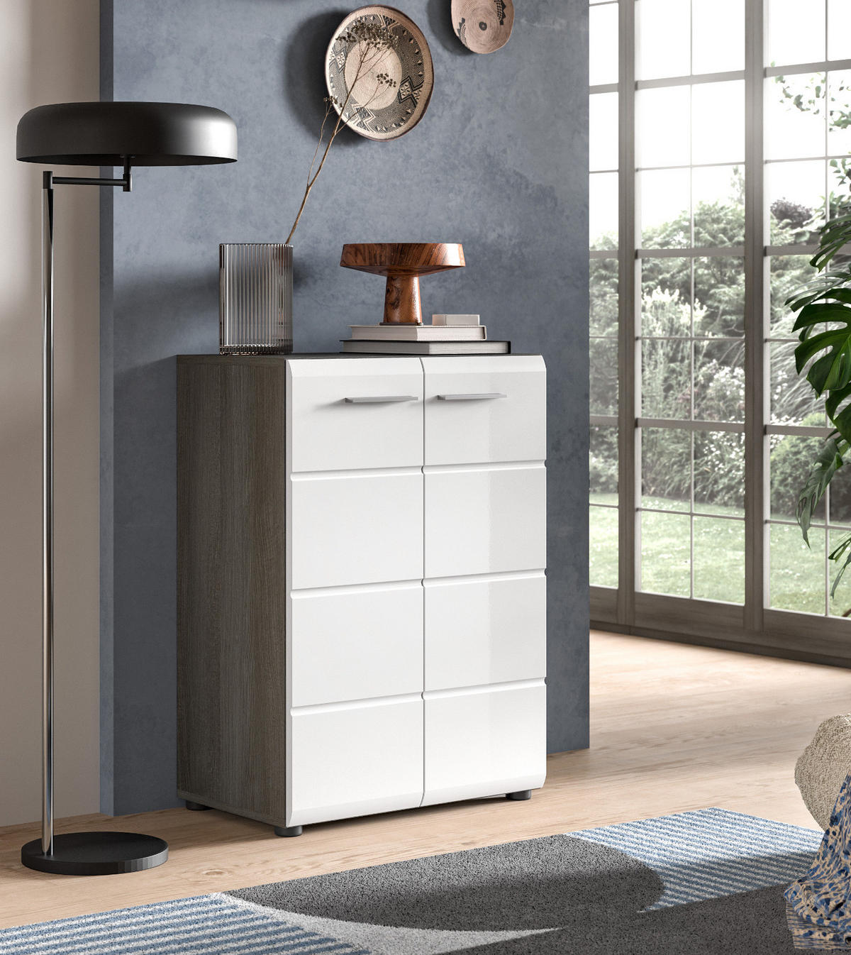 KOMMODE weiß Hochglanz, grau 60 cm, Sideboard mit Rillenoptik - Weiß Hochglanz/Silberfarben, Holzwerkstoff/Kunststoff (60/85/37cm) - Inn.Furn