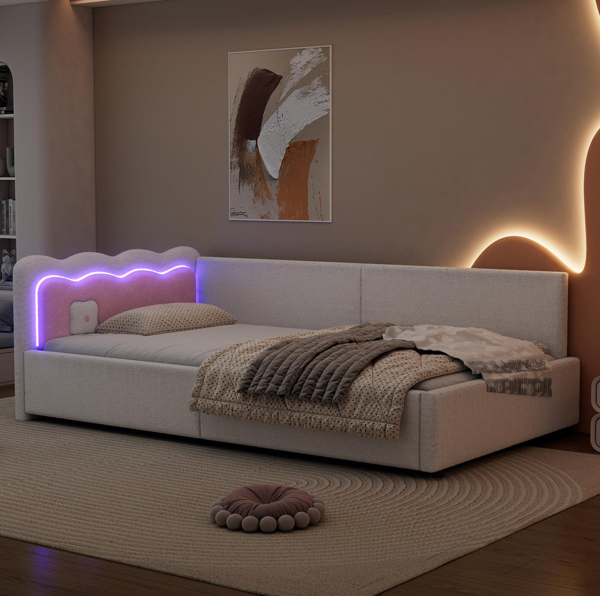 DNEVNI krevet 90/200 cm bijeli od baršuna i MDF-a s LED rasvjetom - bijela, tekstil (90/200cm) - OKWISH