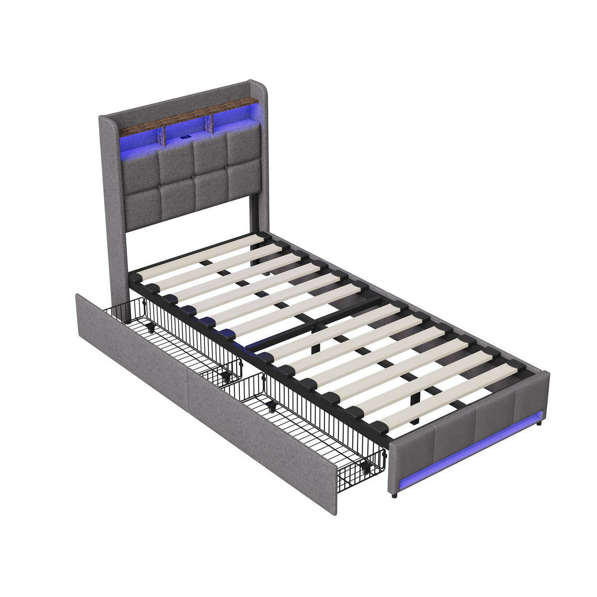 POLSTERBETT 90x200 cm Grau mit LED, 2 Schubladen, Kopfteil mit Ablage und Stauraum - Grau, Metall (90/200cm) - EuroLiving
