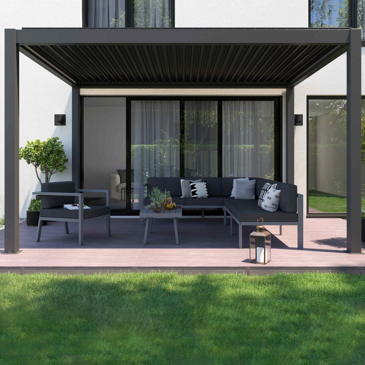 PERGOLA 3x4m, beleuchtet, motorisiert mit 1 Markise, Grau - Grau, Metall (290.4/250/397.5cm) - Oviala