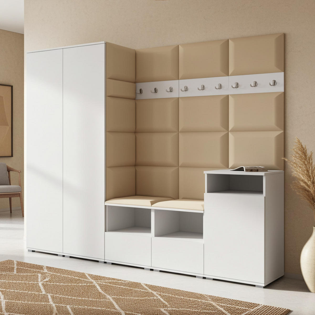 GARDEROBE NELA VIII 250 cm (Modulare Flurmöbel Weiß mit Sitzpolster Beige 04 2 Schränke + Sideboard) - Beige/Silberfarben, Holz/Holzwerkstoff (250/187/40cm) - Ravio