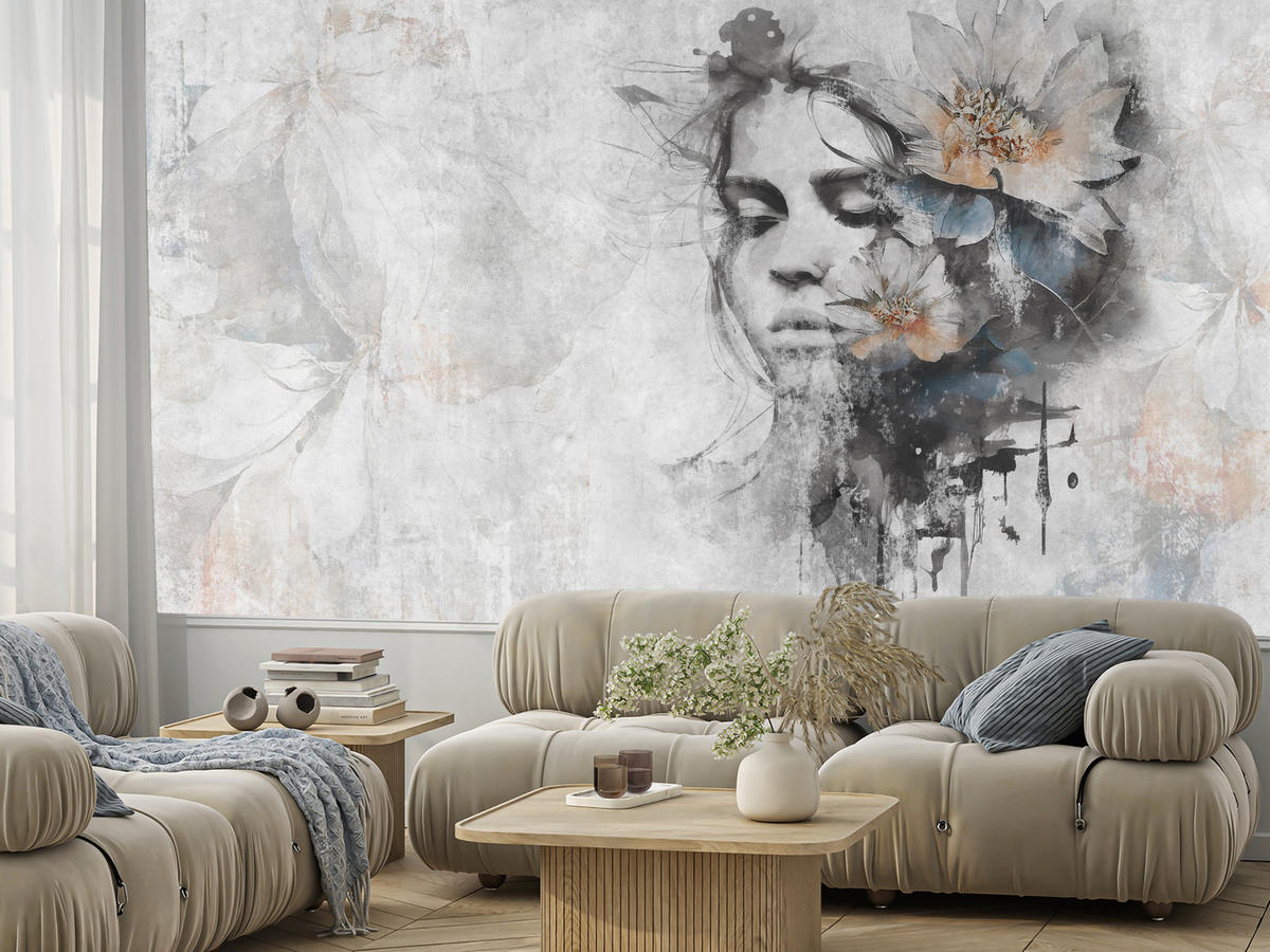 FOTOTAPETE für Wohnzimmer Gesicht Frau Grau Betonwand Blumen 250x175 - Grau, Papier (250/175cm) - Muralo