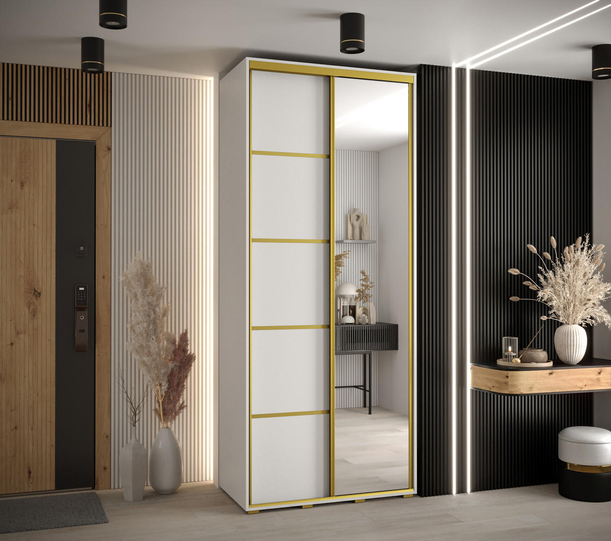 SCHWEBETÜRENSCHRANK 235,2/110/60 2-türig - Goldfarben/Weiß, Holz/Metall (110/235/60cm) - Abiks Möbel