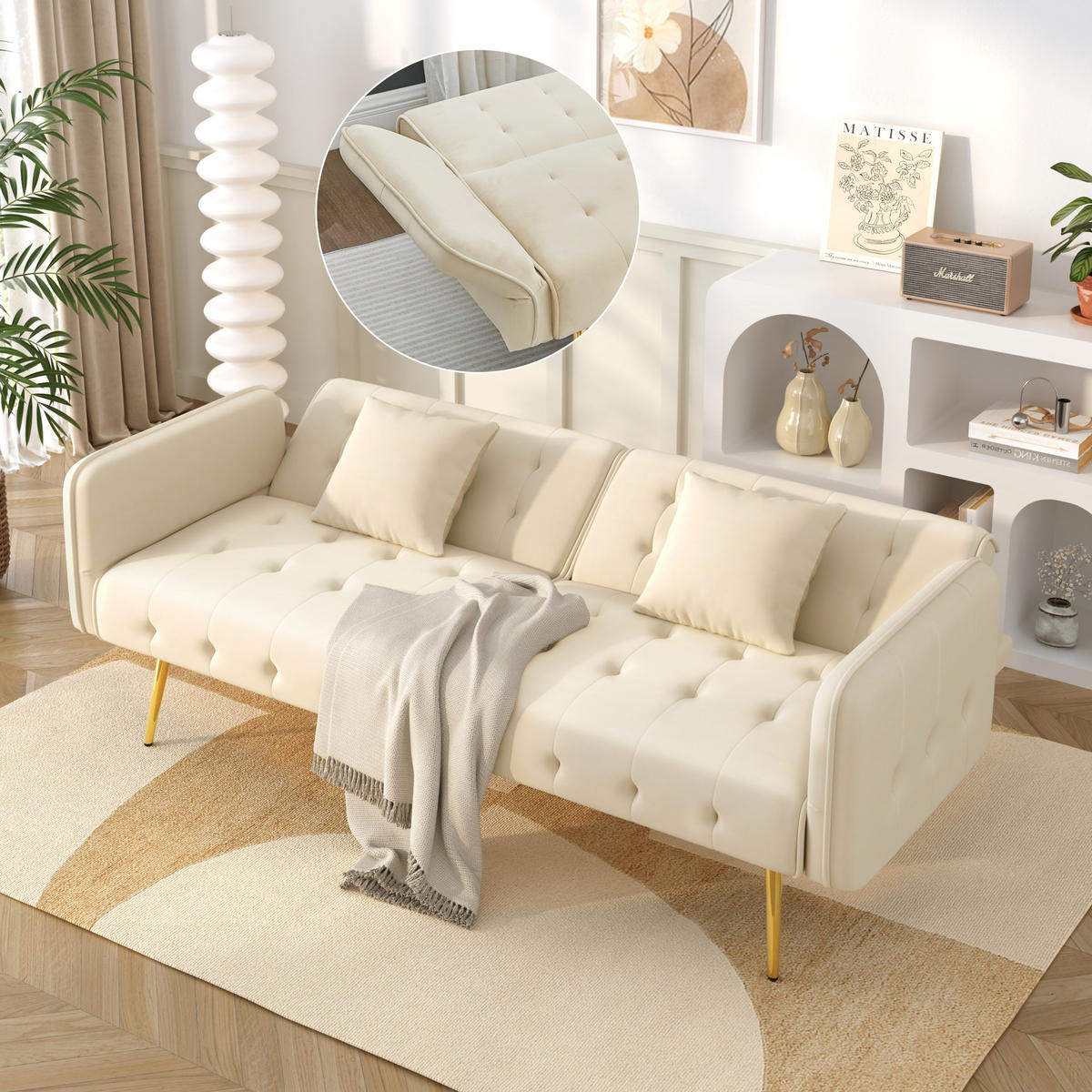 2-SITZER SCHLAFSOFA Samt Beige mit Bettfunktion - Beige, Textil/Metall (178/70/82cm) - WISHDOR
