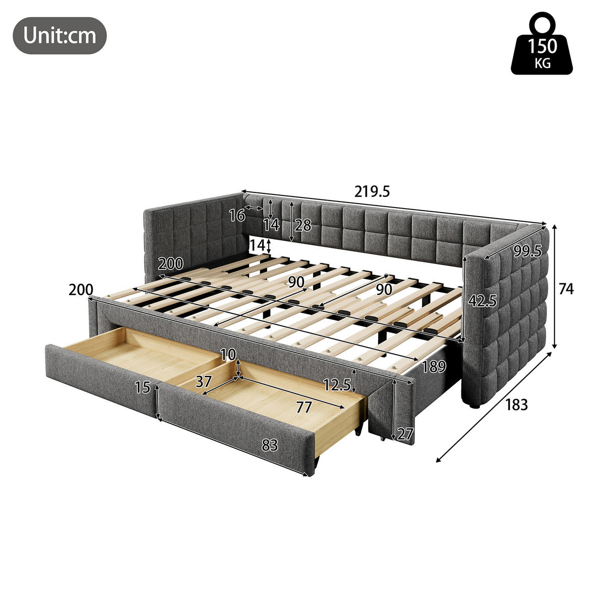 TAGESBETT 90/200 cm aus Samt mit Ausziehfunktion, quadratischer Rückenlehne und 2 Schubladen, Grau - Grau, Textil (90/200cm) - Redom