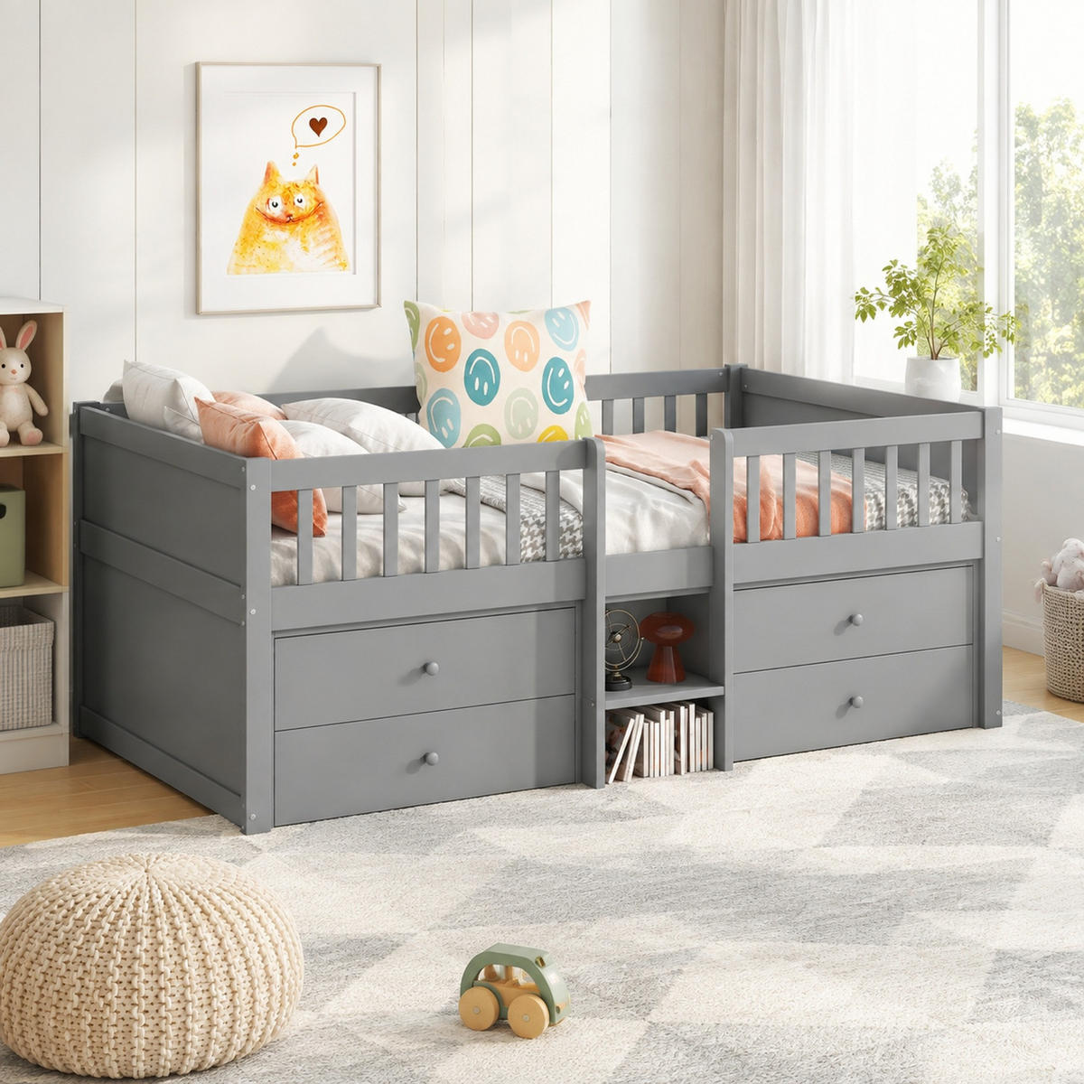 KINDERBETT 90/200 mit 4 Schubladen, Geländer und Leiter in Grau - Grau, Holzwerkstoff (90/200cm) - EVRYAE