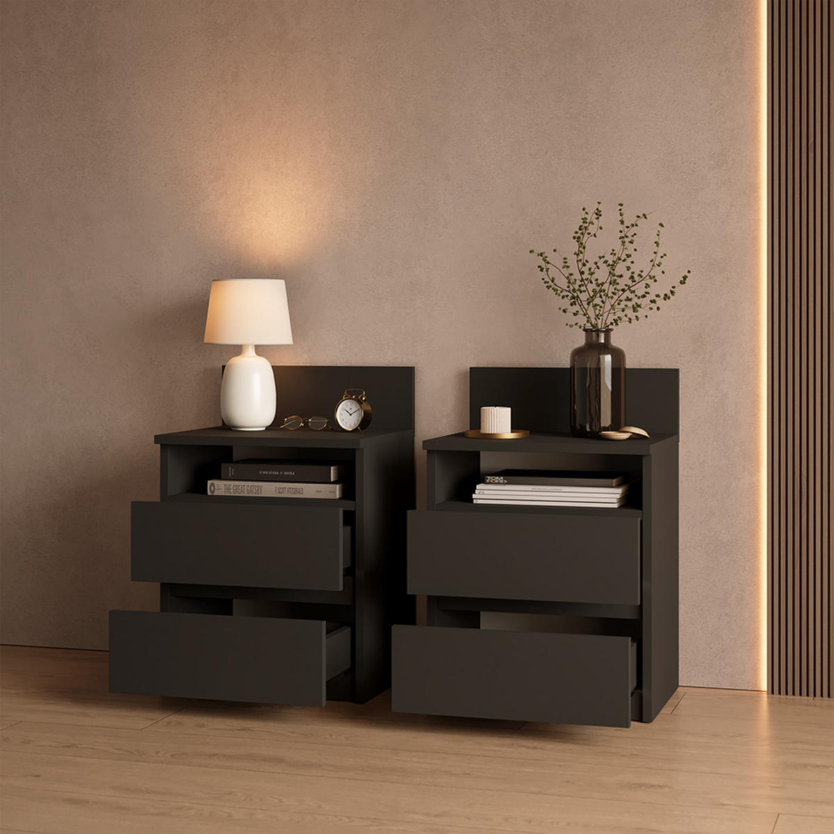 NACHTTISCH Roya, Schwarz, 2er Set - Schwarz, Holzwerkstoff (39.6/59.1/32.3cm) - Livinity®