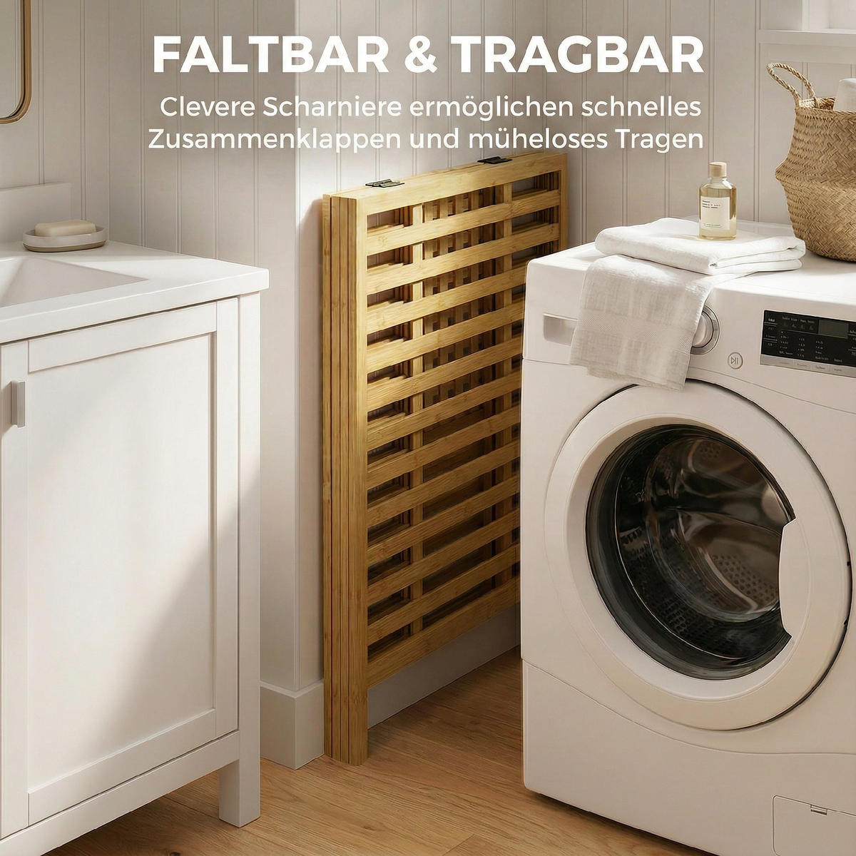 WÄSCHEKORB Bambus Polyester Naturholz Cremeweiß - Naturfarben, Holz/Bambusholz (36/64.2/55cm) - HOMCOM
