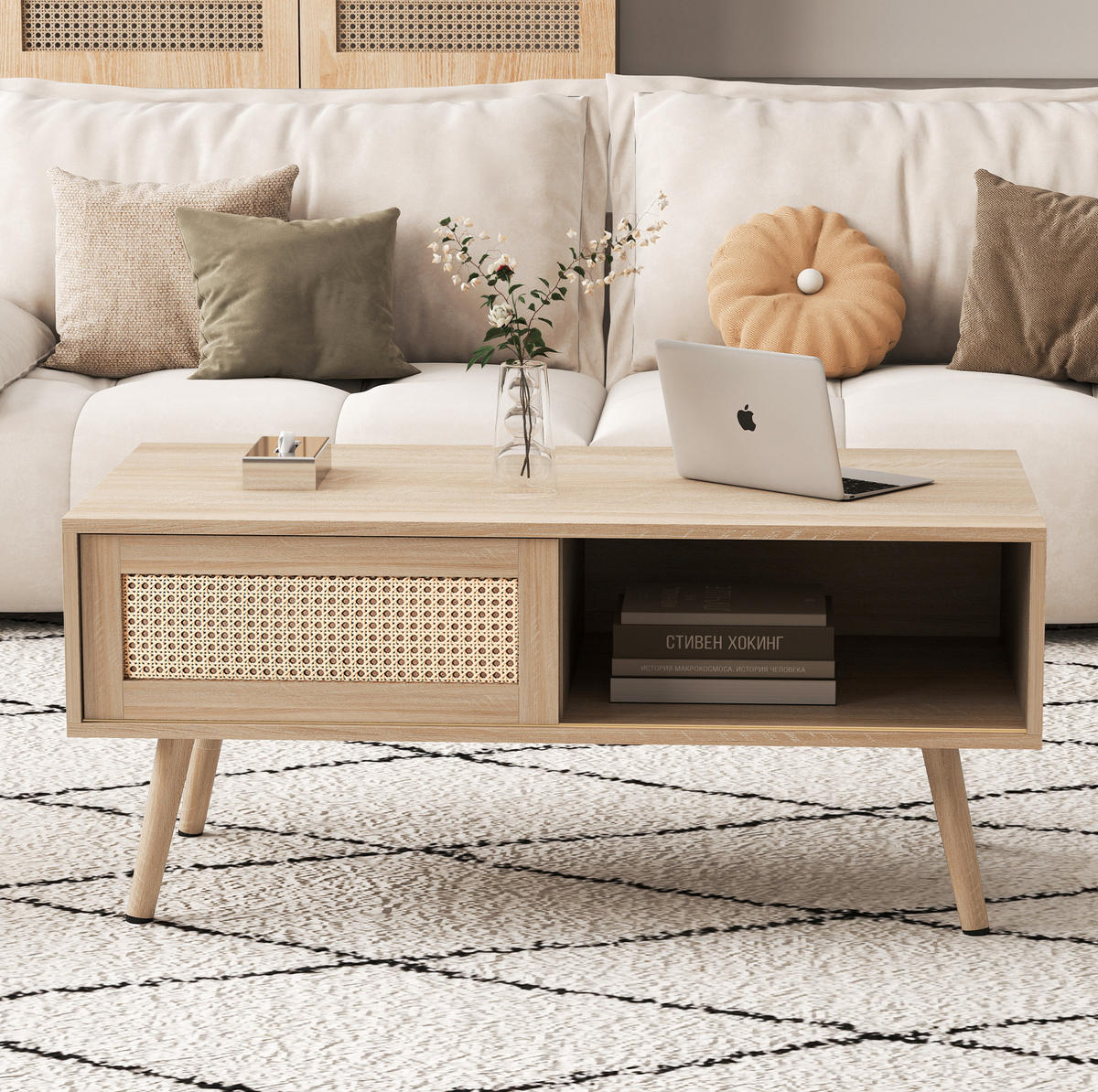 COUCHTISCH 105/55/40 cm mit Schiebetür, Rattan-Geflecht und Stauraum, Naturfarben - Braun, Holzwerkstoff (105/55/40cm) - Redom