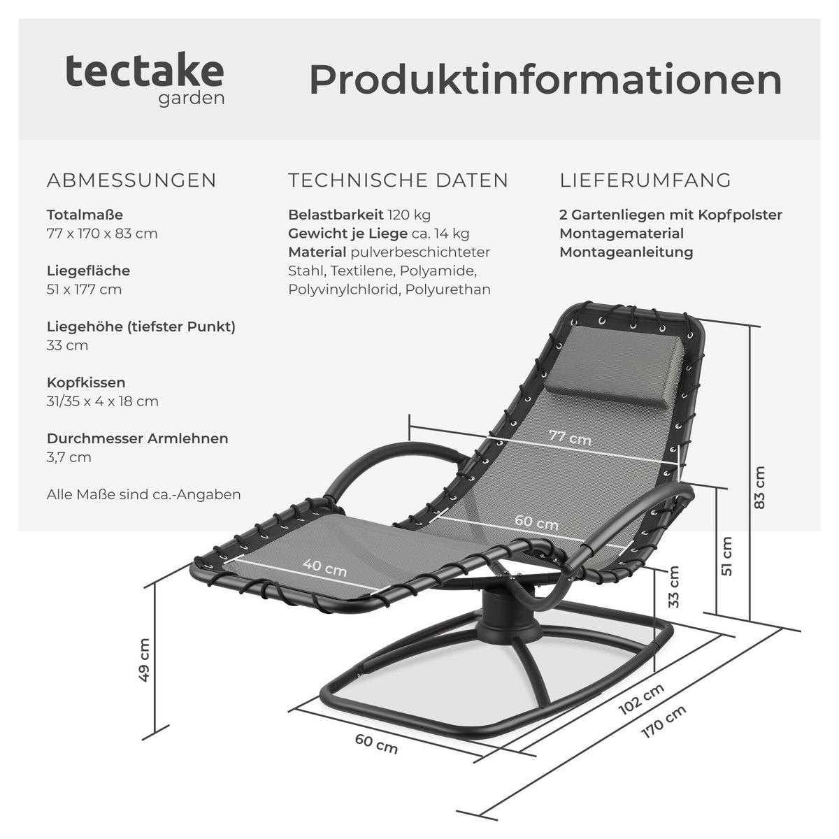 GARTENLIEGE 2er Set Toulon, ergonomisch, Schwingfunktion, 77 x 170 x 83 cm, grau - Grau, Textil (77/83/170cm) - tectake