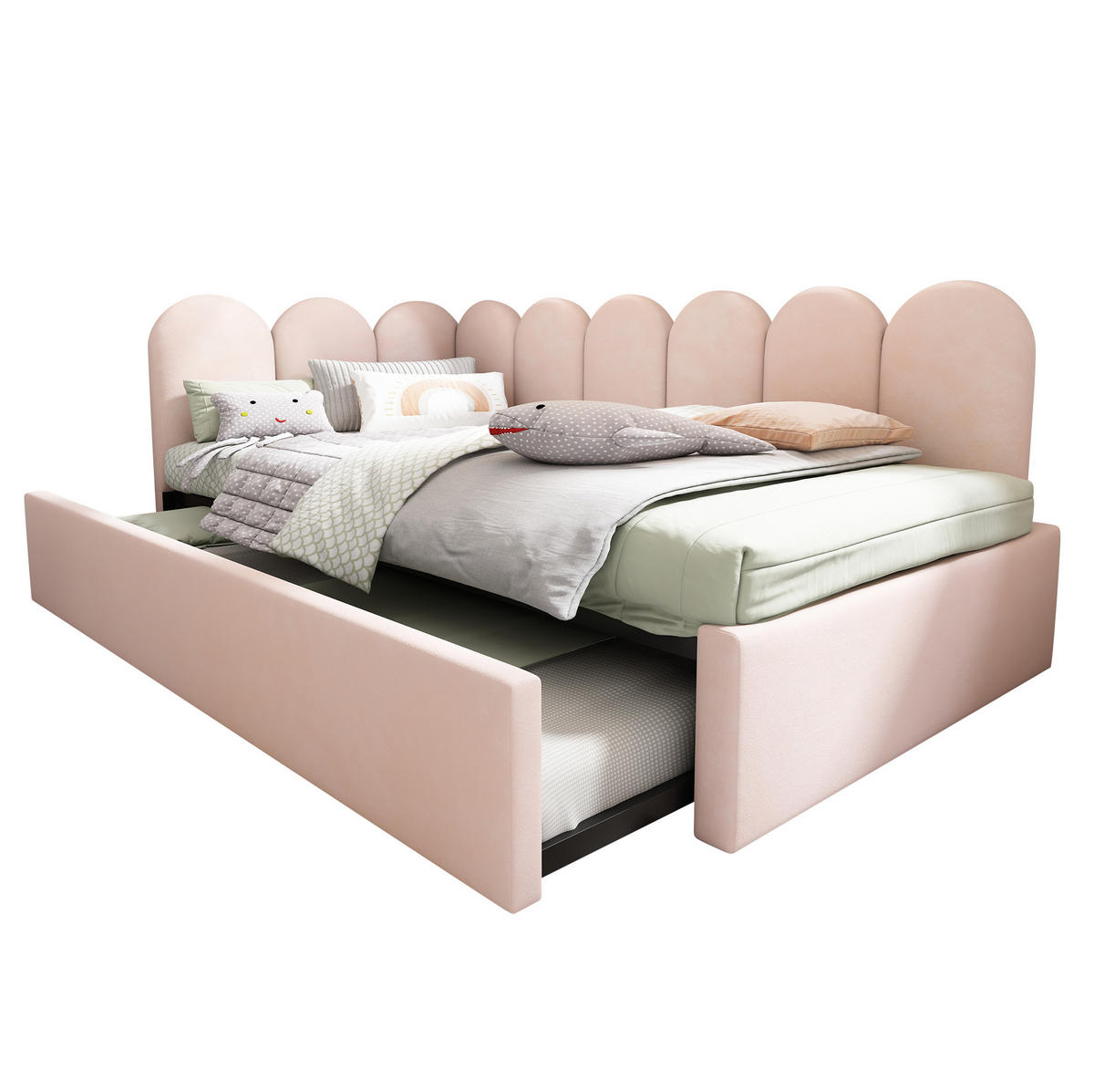 AUSZIEHBETT 90/200 cm Rosa aus Samt mit Lattenrost und Ausziehbett - Rosa, Textil (90/200cm) - Flora Grace