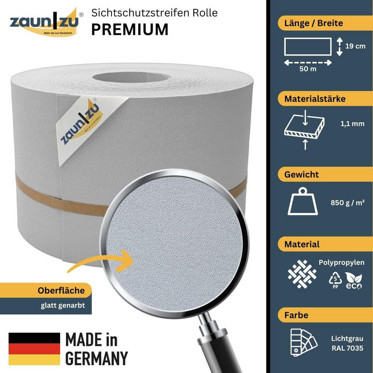 SICHTSCHUTZSTREIFEN Premium für Doppelstabmatten Zaunblende Lichtgrau, 50m - Hellgrau, Kunststoff (5000/19cm) - ZAUN|ZU