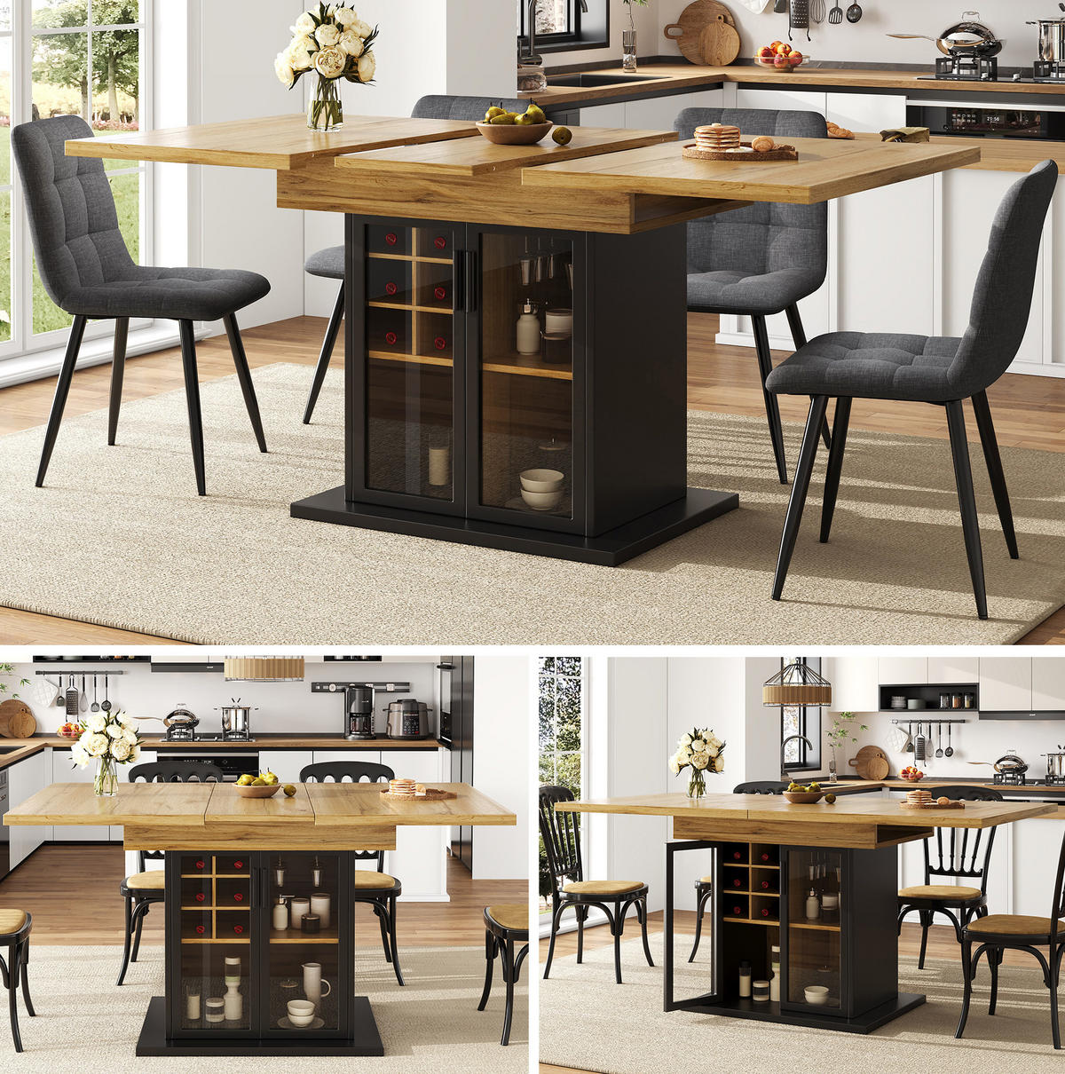 AUSZIEHTISCH 110/80/76 cm Schwarz mit Weinregal-Einsatz und Glastür aus MDF - Schwarz, Holzwerkstoff (110/80/76cm) - OKWISH