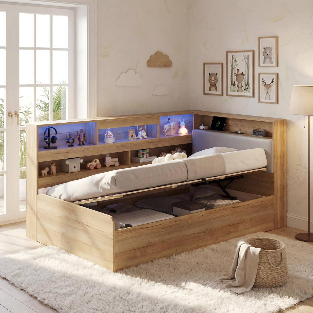 KINDERBETT 90/200 cm aus MDF und PU mit LED-Beleuchtung und USB-Ladestation Naturfarben - Naturfarben, Holzwerkstoff (90/200cm) - Modenvie