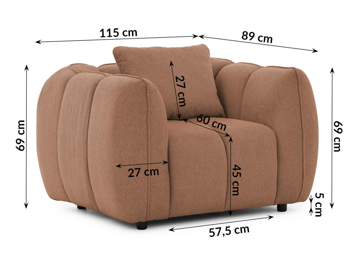 SESSEL Nubira in tief gesteppter Bubble-Optik aus weichem Terrakotta Strukturstoff im modernen Design - Terracotta/Schwarz, Holz/Kunststoff (115/69/89cm) - S-Style Möbel