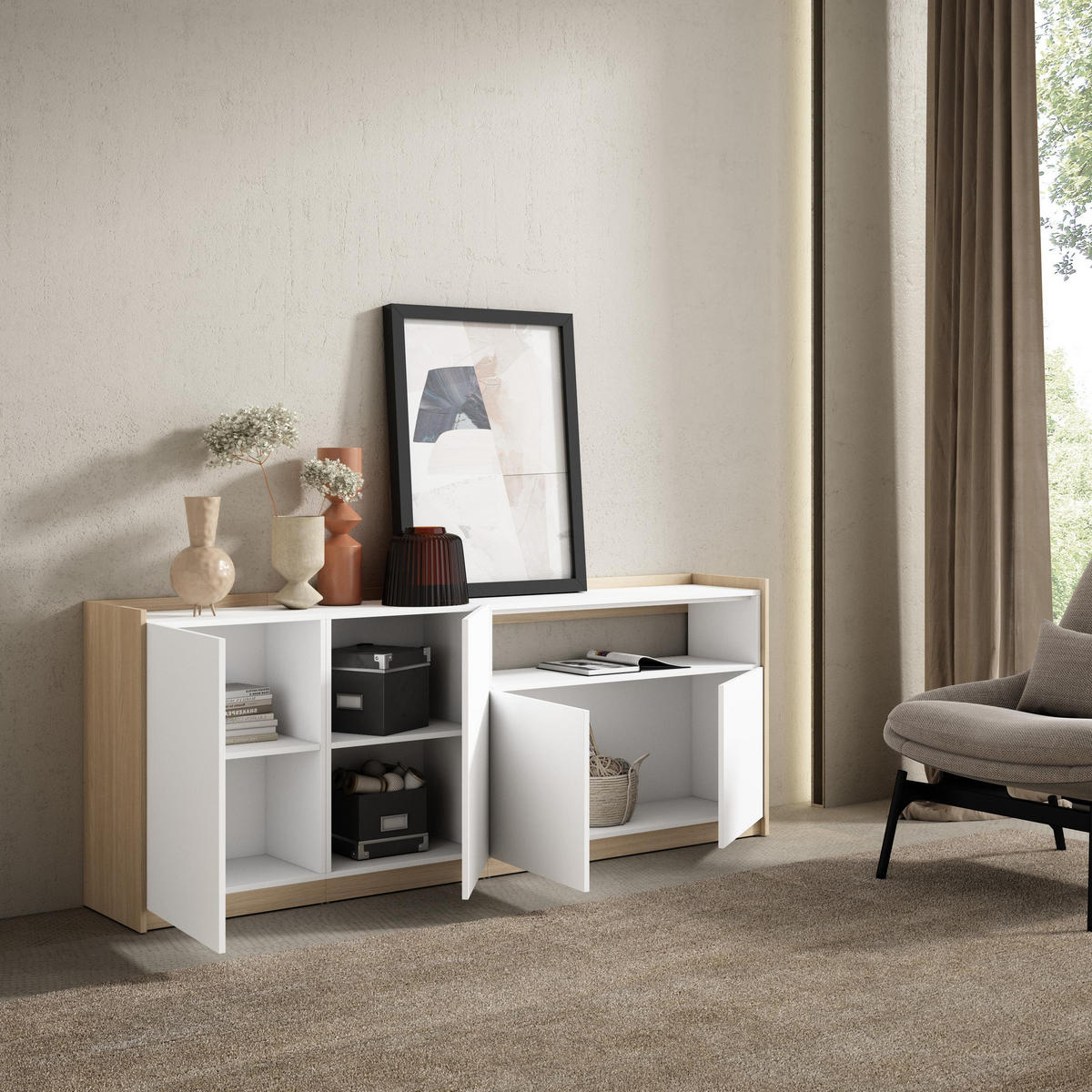 SIDEBOARD, Highboard, Weiß und Eiche Soft, 207/37/80cm - Weiß, Holzwerkstoff (207/80/37cm) - Skraut Home