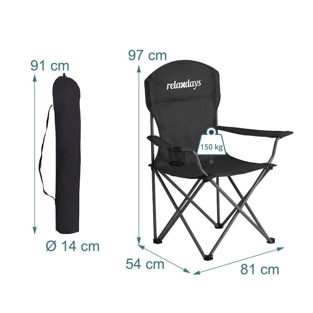 2XSKLÁDACÍ židle - černá, kov/textil (81/97/54cm) - Relaxdays