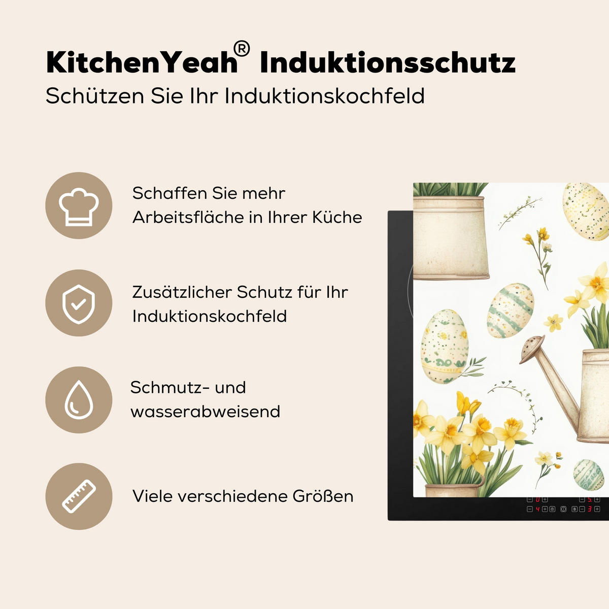 HERDABDECKPLATTE Gießkanne - Blumen - Eier Herdabdeckung Induktionsfeld 75x52 cm - Weiß, Kunststoff (75/52/0.2cm) - MuchoWow