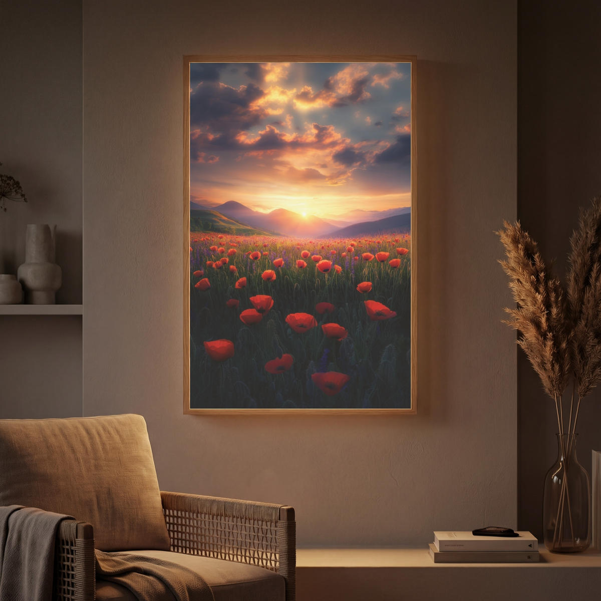WANDLEUCHTE MIT AKKU Landschaft - Sonnenuntergang - Blumenfeld 70x100 cm - Rot, Holzwerkstoff (70/100/8cm) - OnlyWow