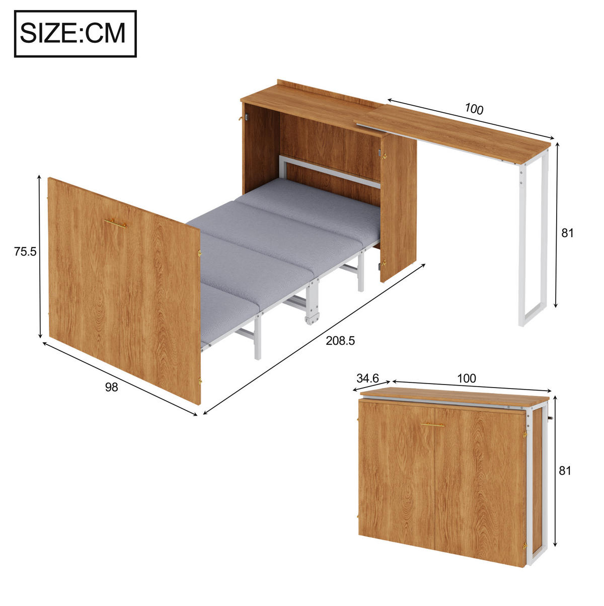 KLAPPBETT 90/200 cm mit drehbarem Schreibtisch, Rollen und Matratze, platzsparend, Natur - Naturfarben, Naturmaterialien (90/200cm) - Redom