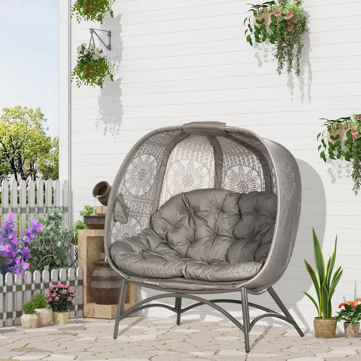 GARTENSTUHL 2-Sitzer DE-08343 klappbar mit Blumenmuster Sand - Sandfarben, Metall (75/142/126cm) - ComfortXL