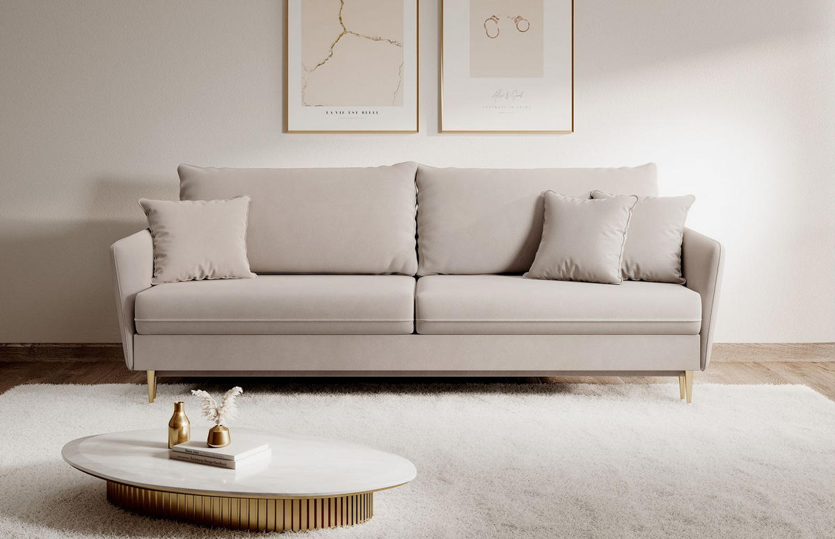 3-SITZER SCHLAFSOFA Volio Samt Graubeige - Taupe/Goldfarben, Textil/Metall (221/90/100cm) - Selsey