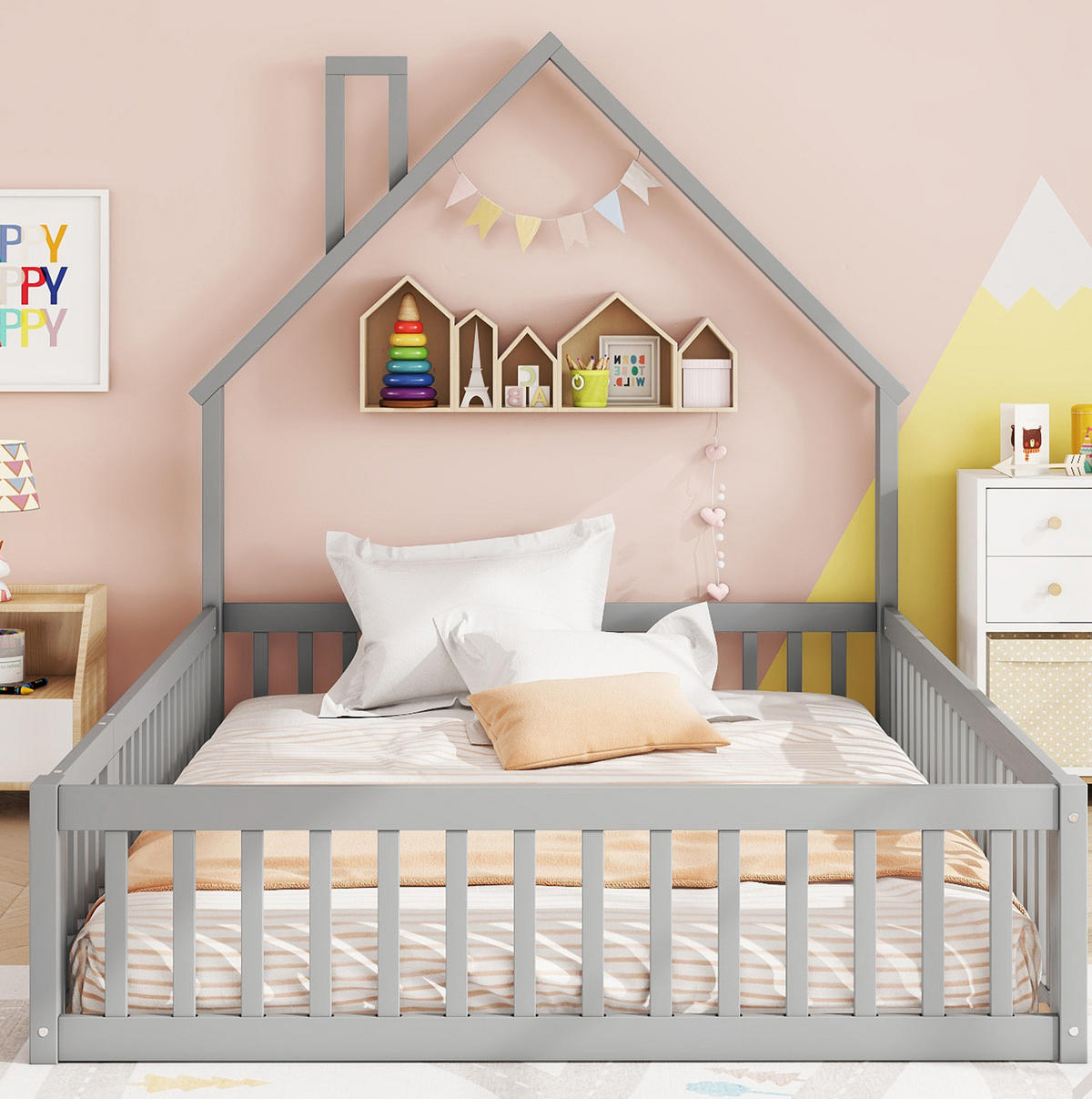 KINDERBETT aus Kiefernholz & MDF 140x190 cm in Grau mit Sicherheitsgitter - Grau, Holzwerkstoff (140/190cm) - Modfu