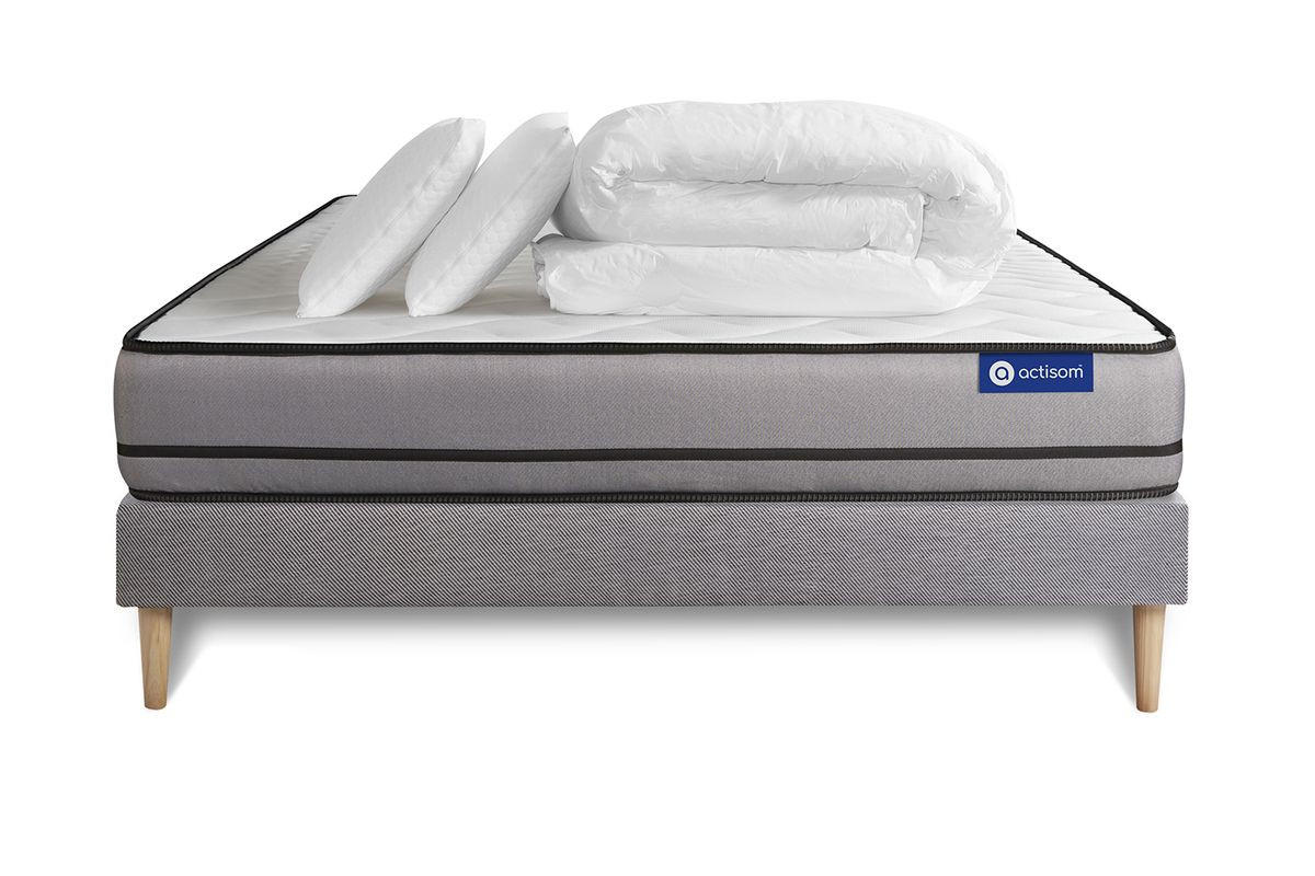 BETT Actiflex night Taschenfederkern 140 x 190 cm h4 - Kit Bettgestell Grau - Mit Kissen und Bettdecke - Beige/Grau, Karton/Holz (140/190cm) - ACTISOM