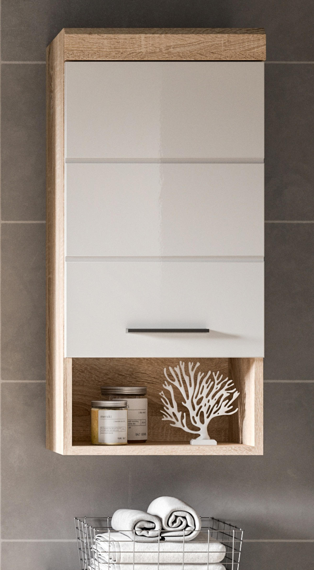 HÄNGESCHRANK weiß Hochglanz, Eiche 37 cm, Badschrank hängend - Weiß Hochglanz/Eichefarben, Holzwerkstoff/Kunststoff (37/79/24cm) - Inn.Furn