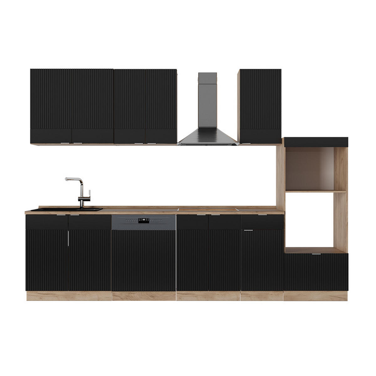 KÜCHENZEILE Fame-Line, Schwarz gestreift/Goldkraft Eiche, 300 cm mit Hochschrank, AP Eiche - Honigeiche/Schwarz, Holzwerkstoff (300/81.6/60cm) - Vicco