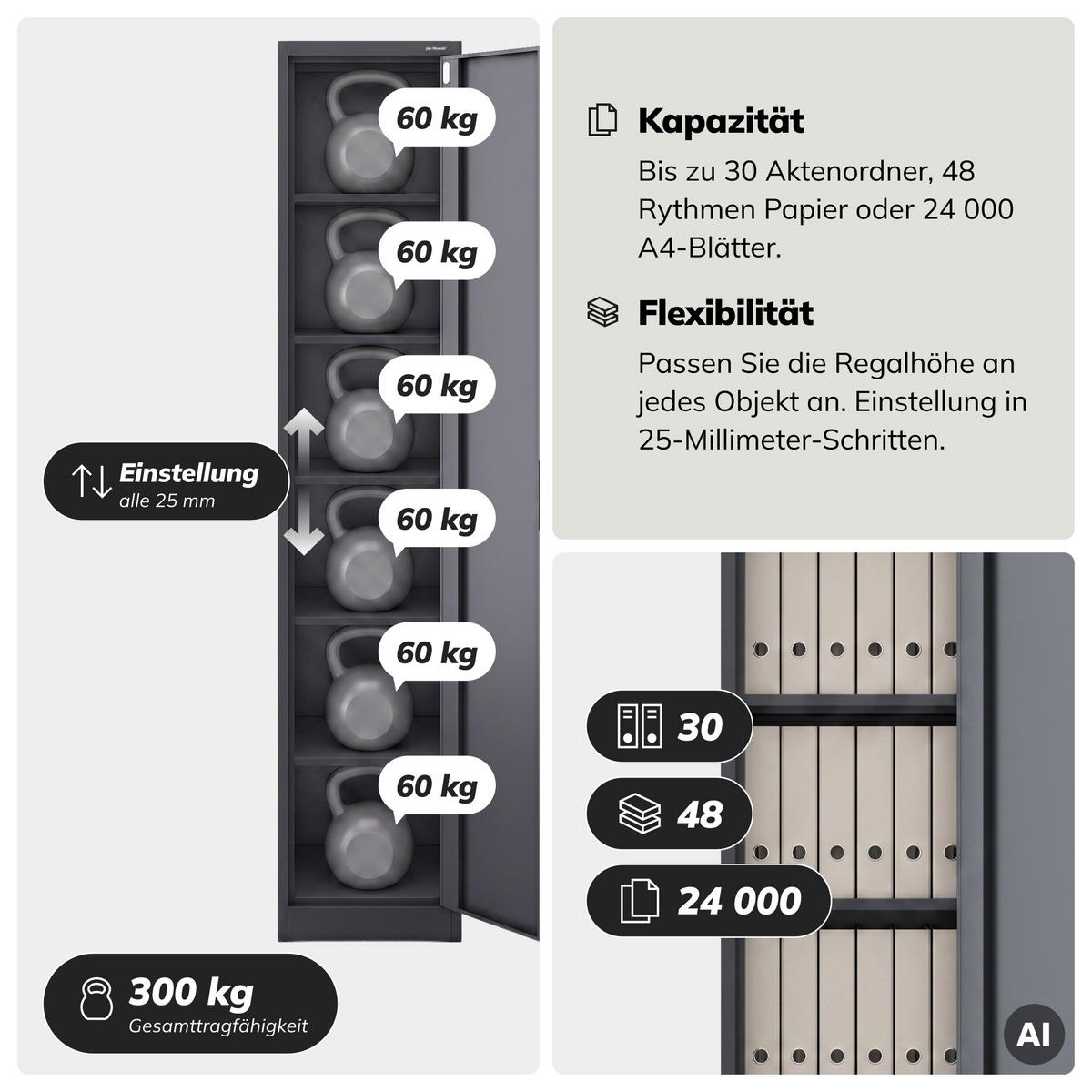 AKTENSCHRANK ALEX 220 - Anthrazit, Metall (45/220/40cm) - Jan Nowak