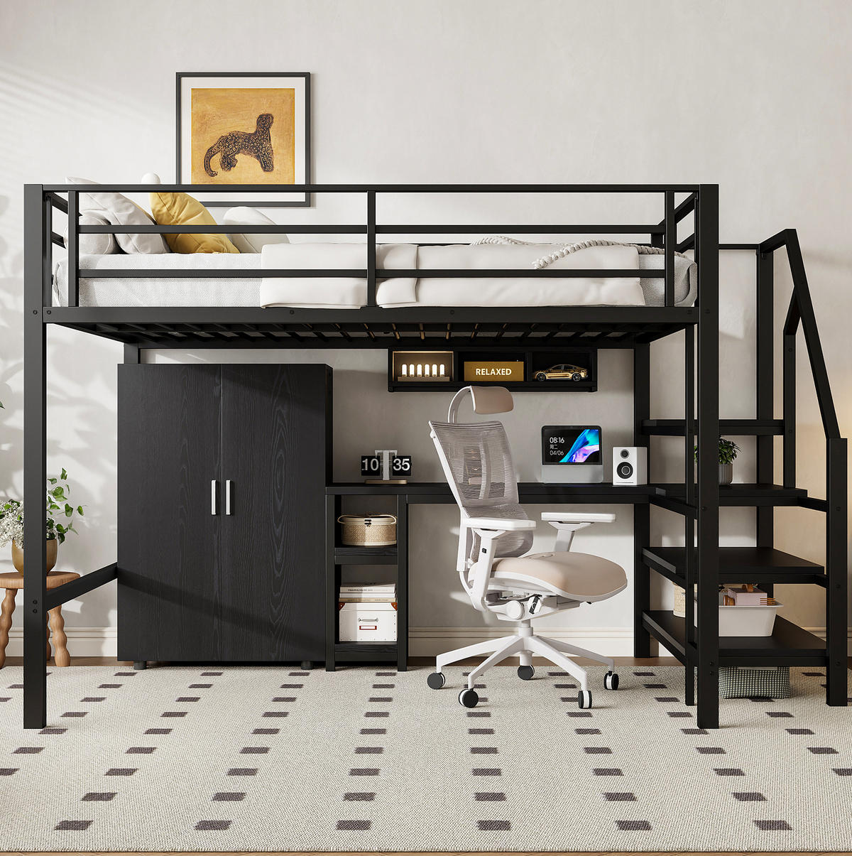 HOCHBETT 140/200 cm mit Kleiderschrank und Schreibtisch, Schwarz - Schwarz, Metall (140/200cm) - Flora Grace