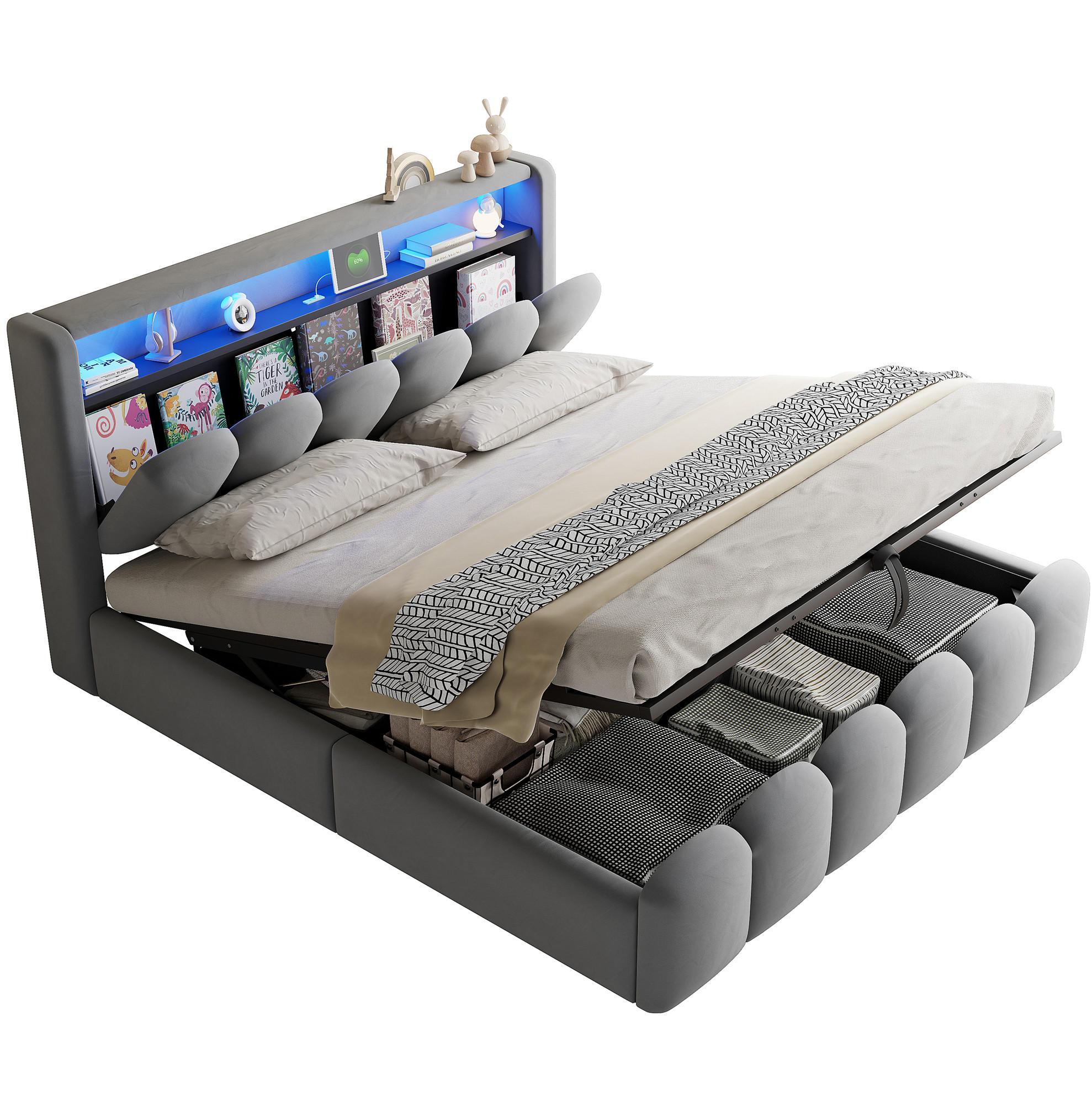 Redom ČALOUNĚNÁ postel 180/200 cm s LED osvětlením, USB a Type-C porty, hydraulickým úložným prostorem a úložným prostorem v čele, Šedá