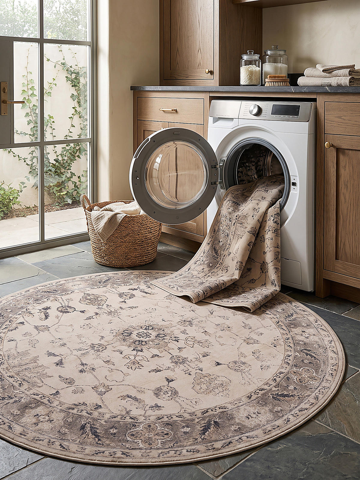 TEPPICH Kurzflor, waschbar, mit floralen Ornamenten, aus Polyester, VERNANTE in Beige-Grau, Ø 200 cm - Beige, Textil (200/200cm) - KADIMA DESIGN