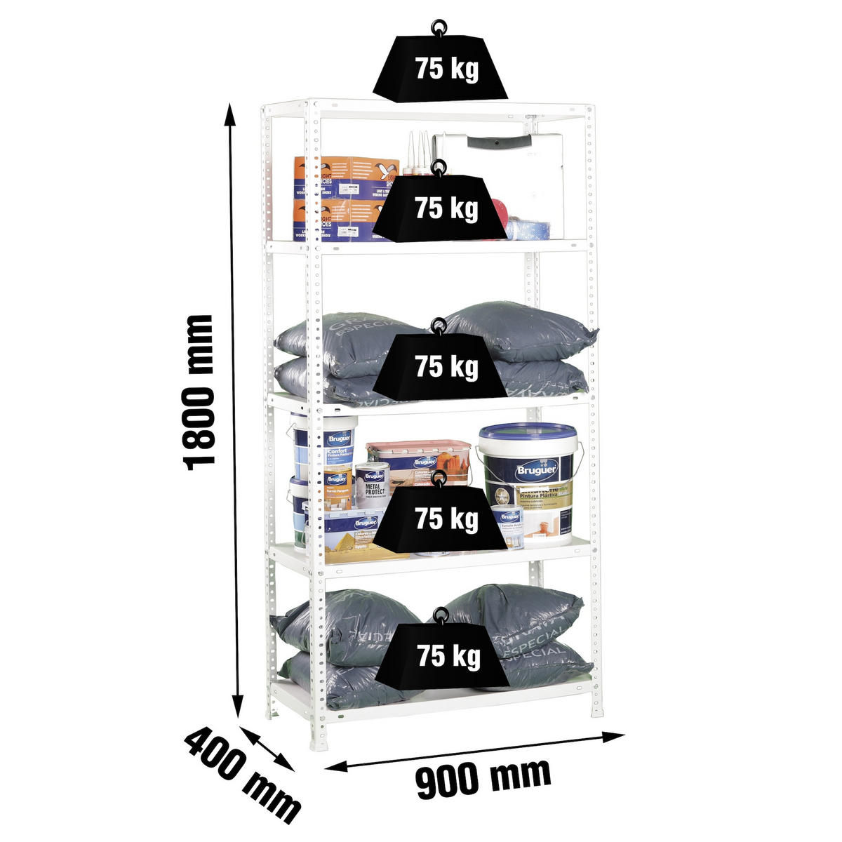 SCHRAUBREGAL PANDA | HxBxT 180x90x40cm | 5 Fachböden | Fachlast 75kg | Weiß - Weiß, Metall (90/180/40cm) - PROREGAL
