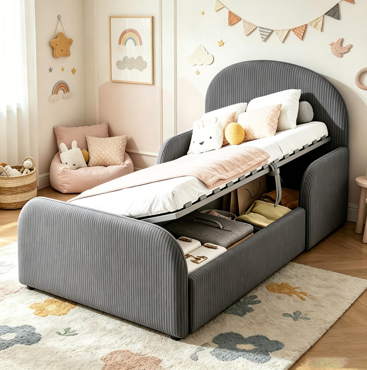 POLSTERBETT 90/200 cm aus Samt mit Stauraum, Grau - Grau, Textil (90/200cm) - OKMYHOME